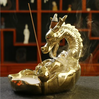Dekorative Keramiske Brænder Røgelse Holder Hjem Dekoration Golden Dragon Porcelæn Tilbagestrømning Vandfald Pande!