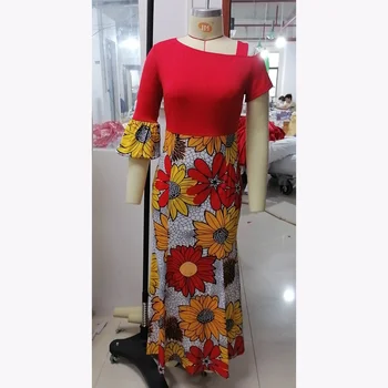 Afrika-Kontor Dame Kjole Kaftan Blomster Print Afrikanske Kjoler til Kvinder med Enkelt Skulder Maxi Kjoler Kvinders Afrikanske Tøj 5XL