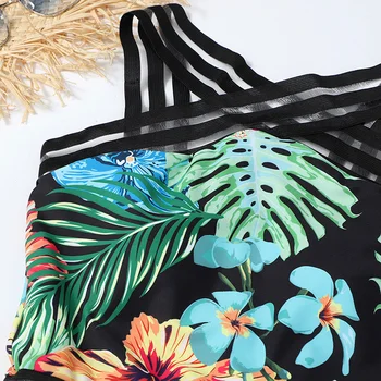 2021 Nye Sexet Tropiske Blomster Trykt Mesh Kvindelige Badetøj Ét Stykke Badedragt Kvinder Badende Høj Hals Badedragt Svømme Bodysuit