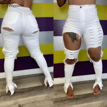 Sexet hule ud Flare denim Bukser Hvid slidte jeans med Høj Talje Bodycon Hul Kvinder Bukser Club Udstyr 2020