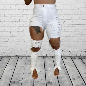 Sexet hule ud Flare denim Bukser Hvid slidte jeans med Høj Talje Bodycon Hul Kvinder Bukser Club Udstyr 2020