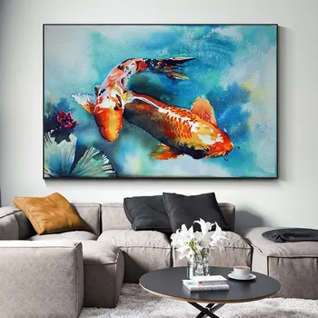 Moderne Kinesisk Stil Lærred Maleri Heldig Fisk Malerier Koi Fisk Plakat Dyr Plakater og Prints for boligindretning, Kunst på væggene