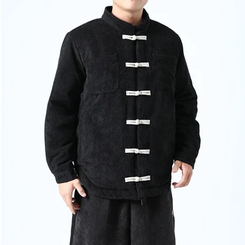 2020 Vinter Varm fløjlsjakke Kinesisk Stil Spænde Warm Cotton Coat Japansk Harajuku Mode Plus Size Parka Mænd Tøj 5XL