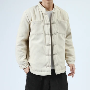 2020 Vinter Varm fløjlsjakke Kinesisk Stil Spænde Warm Cotton Coat Japansk Harajuku Mode Plus Size Parka Mænd Tøj 5XL