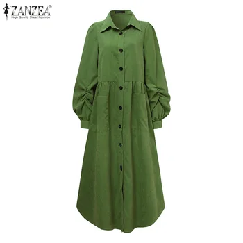 2021 ZANZEA Kvinder Midi-Shirt Kjole Damer Vintage Vestidos Efteråret Puff Ærmer Cardigand Kjole Plus Size Casual Solid Revers Robe