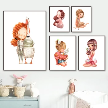 Blonde Pige Unicorn Lille Fawn Hund Kanin Væg Kunst, Lærred Maleri Nordiske Plakater Og Prints Væg Billeder Baby Kids Room Decor