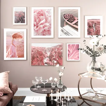 Pink Peony Mountain Færge Pige Liggende Væg Kunst, Lærred Maleri Nordiske Plakater Og Prints Væg Billeder For At Stue Indretning