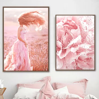 Pink Peony Mountain Færge Pige Liggende Væg Kunst, Lærred Maleri Nordiske Plakater Og Prints Væg Billeder For At Stue Indretning