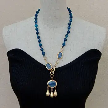 Y·YING facetter, runde, Blå Agater Halskæde naturlige rektangel Blå Kyanite med guld farve forgyldt halskæde til kvinder 23