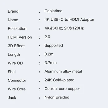 Cabletime USB-C til HDMI Adapter Kabel Type C til HDMI Konverter 4K-60Hz for Nye Macbook Samsung Galaxy S9/S8 Note 9 N224