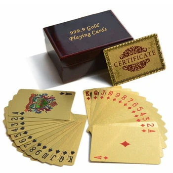 Luksus Mode 24K Guld Folie Poker Spillekort Dæk Forgyldt Kort Flot Træ Æske 11x9x4cm Dropshipping