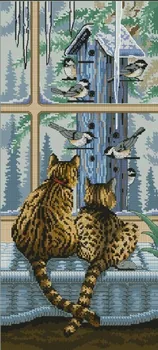 Gratis levering i Top Kvalitet populære tælles cross stitch kit katte se vinduet fugle, du er her dim 03887