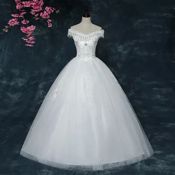 Hvide A-Line Wedding Dress 2020 Elegant V-Hals Lace Tilbage Pynt Blonder Beaded Brude Kjoler, Gulv Længde Vestido De Noiva Renda