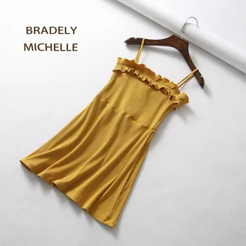 BRADELY MICHELLE Sommer Mode Høj Elastisk Solid Flæser Afslappet Mini Spaghetti Strop Kjole