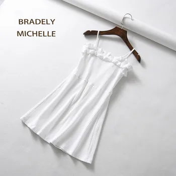 BRADELY MICHELLE Sommer Mode Høj Elastisk Solid Flæser Afslappet Mini Spaghetti Strop Kjole