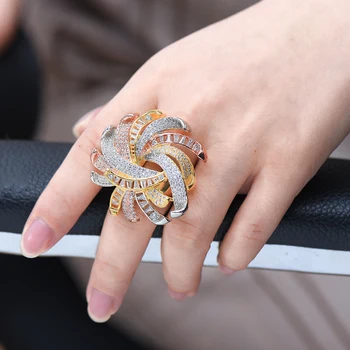 GODKI Luksus 3 Tone Engagement Bryllup Blomst Ringe til Kvinder, Brude Cubic Zircon Dubai Tilbehør Finger Ring Smykker 2019