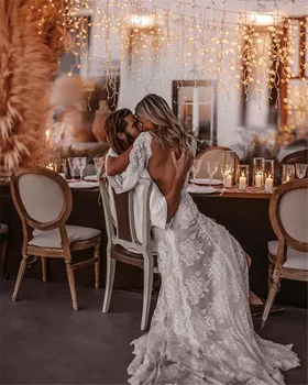 Verngo Elegant Full Lace Wedding Dress Boho Lang Puff Ærmer Land Bride Kjoler Sexet Ryg Charmerende 2021 Brude Kjoler