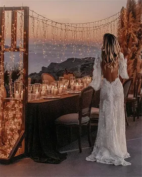 Verngo Elegant Full Lace Wedding Dress Boho Lang Puff Ærmer Land Bride Kjoler Sexet Ryg Charmerende 2021 Brude Kjoler