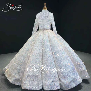 Ren hvid Luksus langærmet stor sequined klud wedding dress langærmet Kæreste Muslimske bruden bryllup kjole SALG