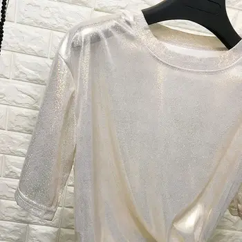 Nye Populære Mode fashionable retro lyse skinnende silke løs kvinde T-shirt søde kvinder tshirt Løs Korea streetwear dame toppe
