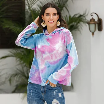 2020 Forår og Efterår Kvinder Tie-dye Trykt Hip Hop Pullover Hættetrøjer Fashion Streetwear Casual Sweatshirt Gradient Farve