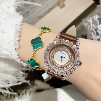 Luksus Kvinder Rhinestones Ure Nye Ankomst Mærke Ægte Læder Strap Watch Glad Krystaller Gennemsigtig armbåndsur 2 Hænder Reloj