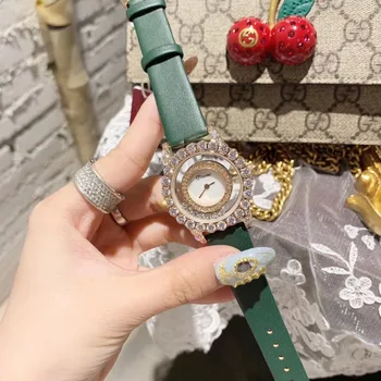 Luksus Kvinder Rhinestones Ure Nye Ankomst Mærke Ægte Læder Strap Watch Glad Krystaller Gennemsigtig armbåndsur 2 Hænder Reloj