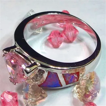 Unik Stil Kvindelige Pink Ild Opal Ring I Sølv Farve Trekant Ring Bryllup Band Lover Forlovelsesringe For Kvinder
