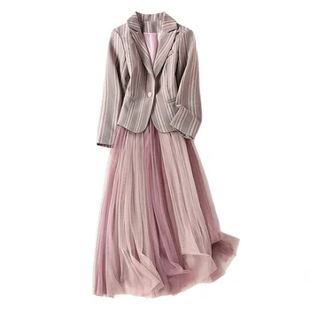 Berømtheder 2020 efterår og vinter 2 pc ' er, der passer Elegant Pink stribe blazer+lang nederdel i to stykke Midi Kjole sæt Kontor Dame Formelle slid