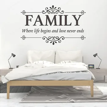 Familie, hvor livet begynder Love aldrig ender Citat Vinyl Væg Kunst mærkat Soveværelse Stue Kærlighed citerer Flytbare Væg StickerHL311