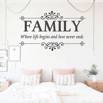 Familie, hvor livet begynder Love aldrig ender Citat Vinyl Væg Kunst mærkat Soveværelse Stue Kærlighed citerer Flytbare Væg StickerHL311