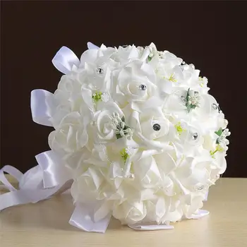 Kunstig blomst Beaded Krystal Bryllup Buket Elfenben Steg Brudepige Blomster, Kunstige Safir Perle Brude Buketter 24X30cm