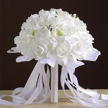 Kunstig blomst Beaded Krystal Bryllup Buket Elfenben Steg Brudepige Blomster, Kunstige Safir Perle Brude Buketter 24X30cm