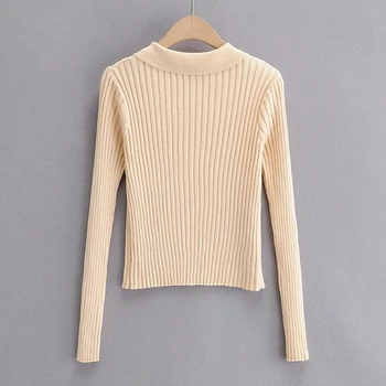 ZA Ny koreansk Stil Revers sweater Kort Strikkede Trøjer Kvinder Tynd Cardigan Fashion Lange Ærmer Smarte Top