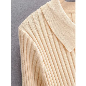 ZA Ny koreansk Stil Revers sweater Kort Strikkede Trøjer Kvinder Tynd Cardigan Fashion Lange Ærmer Smarte Top