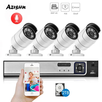 AZISHN H. 265+ 4-KANALS 8MP 4K CCTV-System POE NVR Kit 3840X2160 Lyd Vandtæt Metal IP-Kamera Bullet Hjem Sikkerhed Kamera System