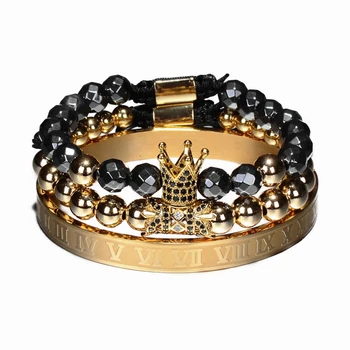 Luksus Smykker 3pcs/Set Mænd Crown Smykker Bileklik Hæmatit Perler Flette Armbånd Til Kvinder Pulseira Masculina Feminina
