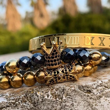 Luksus Smykker 3pcs/Set Mænd Crown Smykker Bileklik Hæmatit Perler Flette Armbånd Til Kvinder Pulseira Masculina Feminina