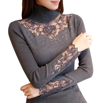 Kvinder Sweater Høj Elastisk Solid Rullekrave 2020 Nye Forår Mode Sweater Kvinder Slank Sexet Blonder Bunden Strikkede Pullovers