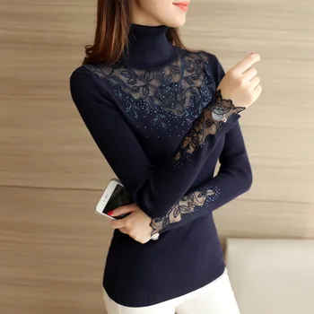 Kvinder Sweater Høj Elastisk Solid Rullekrave 2020 Nye Forår Mode Sweater Kvinder Slank Sexet Blonder Bunden Strikkede Pullovers