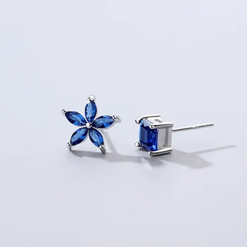 Udsøgte koreansk Stil Geometriske Blomst Stud Øreringe af 925 sterling sølv Asymmetrisk Blue Zircon Fashion Kvinder Øreringe