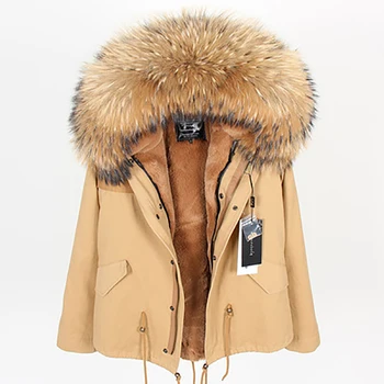 2020 Khaki parka vinter jakke, frakke kvinder ægte pels parkacoats naturlige vaskebjørn pels krave hætte varmt, blødt ægte pels Parka