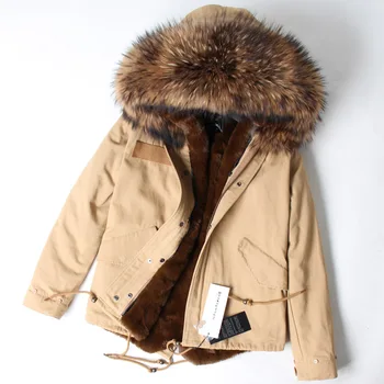2020 Khaki parka vinter jakke, frakke kvinder ægte pels parkacoats naturlige vaskebjørn pels krave hætte varmt, blødt ægte pels Parka