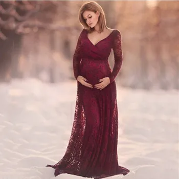 M-3XL Blonder Barsel kjoler til fotosession Dress Fotografering Prop V-hals Bryllup Part Kjole til Gravide Kvinder graviditet tøj