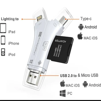 4 I 1 Kortlæser USB Type-C Mikro-USB-Belysning High-speed Universal Kort Læser til Apple Android Computer Forlængelse Overskrifter