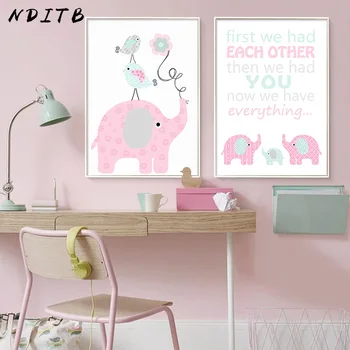 NDITB Tegnefilm Dyr Lærred Kunst Plakater Elefant Giraffa Børnehave Udskriver Maleri Nordiske Drenge Piger Soveværelse Dekoration