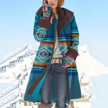 Vinteren Kvinder Tykkere Pels Fleece Varm Vintage Trykt Lange Uldne Frakke Turn Down Krave-Knappen Kvindelige Casual Cardigan Outwear