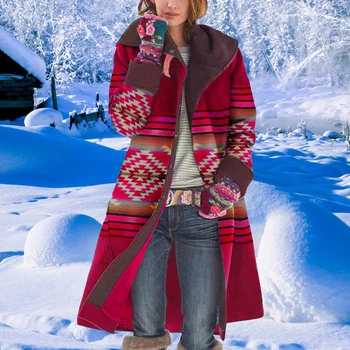 Vinteren Kvinder Tykkere Pels Fleece Varm Vintage Trykt Lange Uldne Frakke Turn Down Krave-Knappen Kvindelige Casual Cardigan Outwear