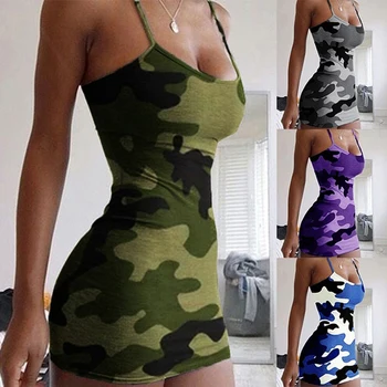 2020 Nye Sommer Mode Kvinder Sexet Tank Camis Kjole Slim Casual Camouflage Militære O-Hals Og Print Splejse Empire Mini Kjoler Vest
