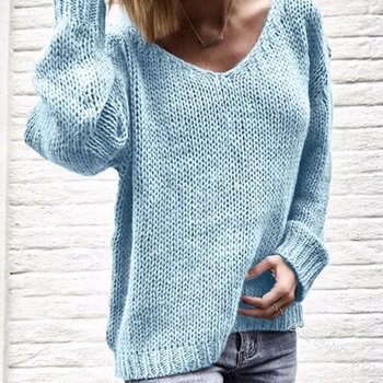 2020 Efterår Og Vinter V Neck Strikket Pullover Solid Farve Løs Sweater Kvinder Sweater Mode Kvinder Tøj
